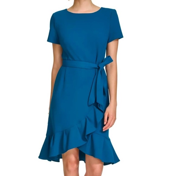 Calvin Klein Dresses & Skirts - NWT CALVIN KLEIN Metallic Teal Short Sleeve Ruffle Hem Belted Short Dress 4